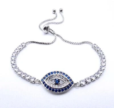 18kt White Gold Plated Blue Sapphire Crystals EVIL EYE Pull Box Strings Bracelet - Image 1 of 4