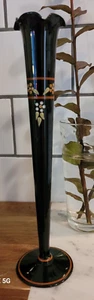 Vintage Glass Black Amethyst Art Deco Vase Enameled Hand Painted Flowers - Picture 1 of 15