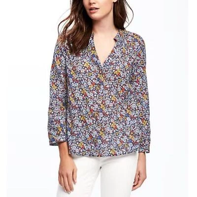 Old Navy Womens Popover Tunic Top XL Blue Red Floral Linen Sheer Vacation Spring - Image 1 of 4