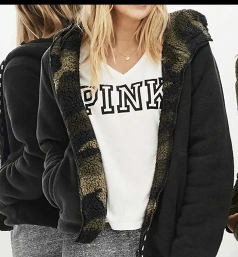 UNDERCOVER Felpa con cappuccio ROSA di VICTORIA'S SECRET Sherpa reversibile con cerniera intera verde mimetico nero XS