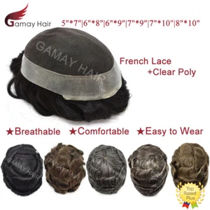 US Mens Toupee French Lace Hairpiece Poly Pu Skin Around Hair System Replacement - Picture 1 of 63