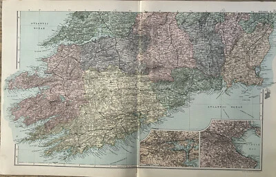 Mapa antiguo de Irlanda del Sur de 1893 con inserciones de corcho y Dublín de G.W. Tocino Foto 1 de 3