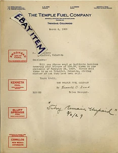 1929 BRIEFKOPF Trinidad Colorado TEMPLE FUEL COMPANY Kohlebergbau KENNETH WOOD - Bild 1 von 1