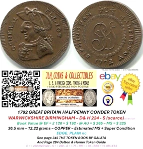 1792 GB Conder Halfpenny - WARWICKSHIRE - GENERAL ELLIOT - D & H 224 S - CT 920 - Picture 1 of 10