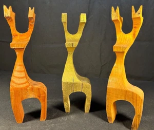 Lot of 3 Danish Mid Century Modern Wooden Hand Carved Reindeer 11” Tall•Vintage - Picture 1 of 13