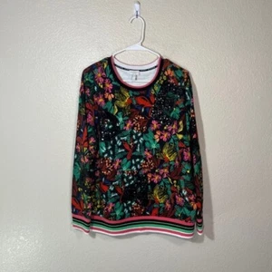 Escada Sport Sweatshirt Womens Medium Floral Sequin Spellout Pullover Art Pocket - Picture 1 of 7
