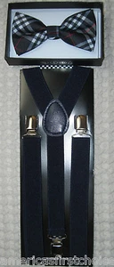 BLUE PLAID TUXEDO BOW TIE+ DARK BLUE NAVY BLUE ADJUSTABLE SUSPENDERS COMBO SET - Picture 1 of 3