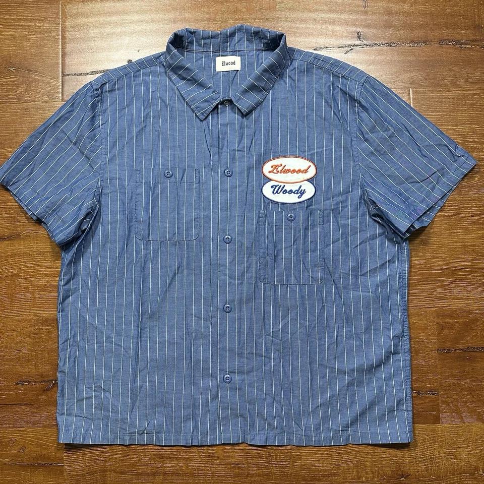 Elwood Mechanic Button Up Shirt Mens XL Blue Stripe Retro Biker Car Utility Alt - Image 1 of 4