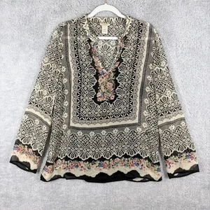 Sundance Vita 100% Silk Beaded Tunic Blouse Size L Multicolor V Neck Lace Print - Picture 1 of 6