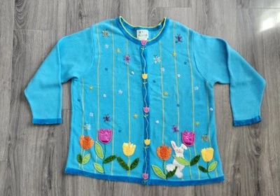 Quacker Factory Cardigan Sweater Easter Bunny Tulip Spring Beaded Embroidered 1X - Image 1 of 4