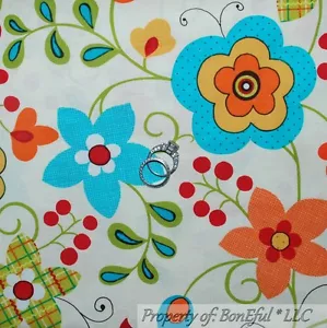 BonEful Fabric FQ Cotton Quilt White Rainbow Flower Red Berry Green Leaf Dot Kid - Picture 1 of 13