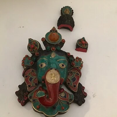 Ganesha Mask with Gemstone Broken hanging Art Sculpture wall Decor Religious - Image 1 of 4
