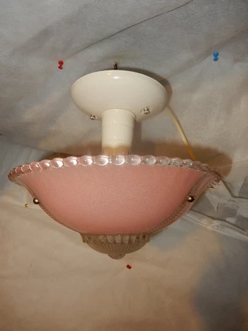 Art Art Deco Flush Mount Ceiling Light Fixture w Original Pink Shade Cover