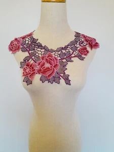 DIY 1 Red Rose Purple Lace Collar Patch Sew On Embroidery Craft Fashion Design - Picture 1 of 7