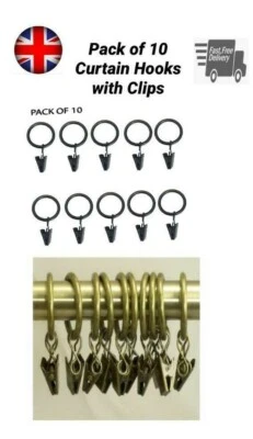 Metal Curtain Hooks With Clips Pole Rod Voile Net Rings Hanging Pegs Black Brass - Image 1 of 3