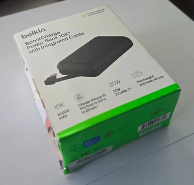 Banco de alimentación Belkin BoostCharge negro sin usar 10K con cable USB-C integrado BPB021 Foto 1 de 4