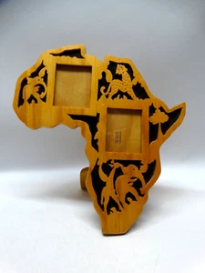 Africa Shaped Wooded Picture Frame with African Safari Animals 2 - 2 x 1.5" Pics - Picture 1 of 12