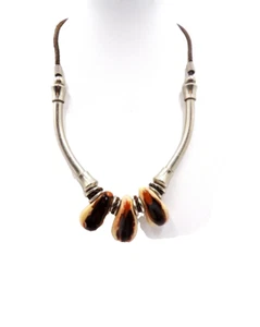 Vintage Boho Hippie Nickel Tan/Brown Ceramic Choker Necklace 15" - Picture 1 of 4