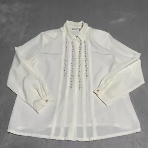 Vintage Koret Top Womens 16 Beaded Leaf Pleated Collared Ivory Button Up Blouse - Picture 1 of 8