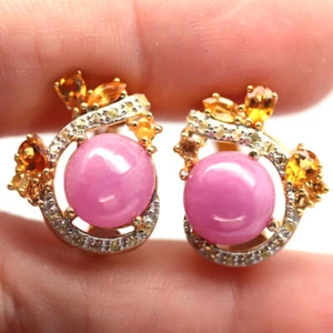 Heated 9 x 10 MM. Pink Ruby, Citrine & Sapphire Earrings 925 Sterling Silver - Picture 1 of 4