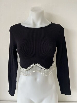 Zara Top Women Xtra Small Black Long Sleeves Ribbed Cropped Pearl NEW  — 第 1/4 张图片