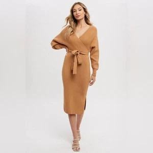 NWT Surplice Belted Sweater Dress in Camel Women's size L - Picture 1 of 6