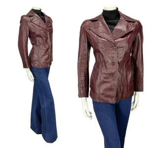 VINTAGE 60ER 70ER JAHRE PFLAUME LILA AUBERGINE LEDER MOD KERBE REVERS JACKE 12 - Bild 1 von 10