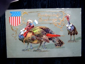 Cartolina d'epoca GRAZIE in rilievo DAPPER Tom Turkey e 2 Lady Turkey - Foto 1 di 2