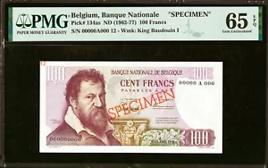Belgio 100 Franchi ESEMPLARE ND (1962-77) Pick-134as GEM UNC PMG 65 EPQ - Foto 1 di 2