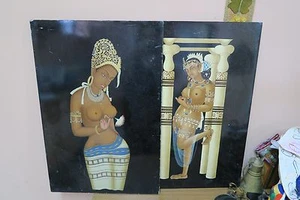 Set @ 2 Vintage Lacquer Wood Painting Nude Figure India After  Kumar Haldar - Picture 1 of 10