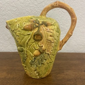 Majolica Style Oak Leaves & Acorns Pitcher Ceramic Made In Portugal Bamboo - Picture 1 of 5