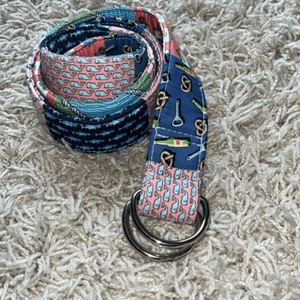 Vineyard Vines 100% Cotton Fabric Pink Blue Flower Flag Fish Belt Women’s Small - Picture 1 of 13
