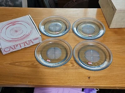 4 VTG. BLUE FROSTED Fostoria CAPTIVA SHELL Dinner Plates  Glass 10" New NiB  - Image 1 of 4