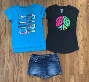 VGUC Girl's Justice Size 12 Black Blue City Girl Jean Shorts Tops Outfit - Picture 1 of 7
