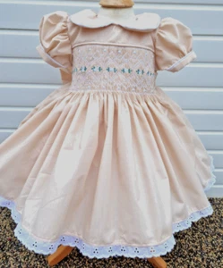 Dream baby girls 0-7 years fawn smocked embroidered traditional belt lined dress - Picture 1 of 6
