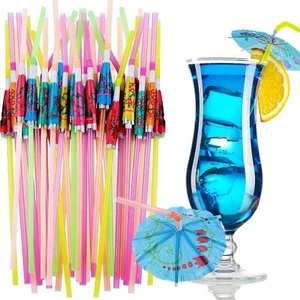 100 Pcs Cocktail Umbrella Drink Straws Tropical 9.5 Inch Bendable Bar Plastic Mi - Picture 1 of 7