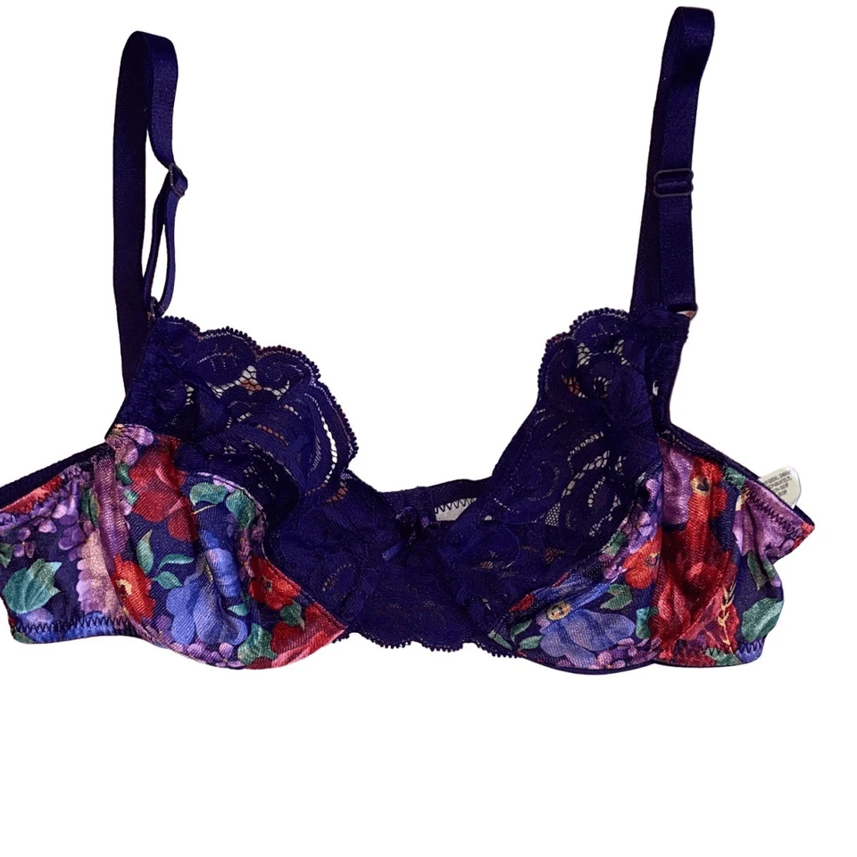 Sujetador De Colección Vanity Fair Años 80 Usado en Excelente Condición Púrpura Floral Encaje Colorido Dopamina 34B Foto 1 de 4