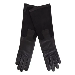 55799 auth HERMES black leather & suede Long Gloves Sz 8 - Picture 1 of 3