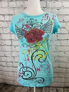 Romeo & Juliet Couture Y2k T-Shirt Top Damen M blau Blumenmuster kurzärmelig Crew - Bild 1 von 6