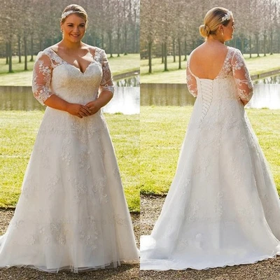 Elegant Plus Size Wedding Dresses V-Neck 3/4 Sleeves Lace Appliques Bridal Gowns - Image 1 of 4