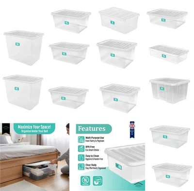 Stackable Clear Plastic Storage Box Boxes With Lids Home Office Strong UK Made - Image 1 of 4