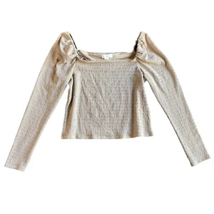 H&M Women's Beige Square Neck Smocked Puff Sleeve Long Sleeve Top Size L - Picture 1 of 6