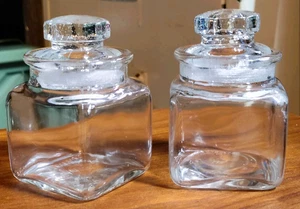 Vintage gemahlener Glasdeckel quadratisch Apotheker Glas Flasche Gewürz kleiner Kanister 3" Set 2 - Bild 1 von 11