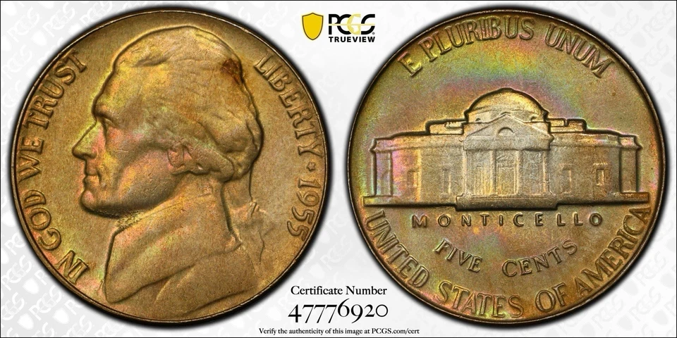 1955 5c PCGS MS 64 Gorgeous Rainbow Neon Toning Green Pink Toned Nickel - Image 1 of 1