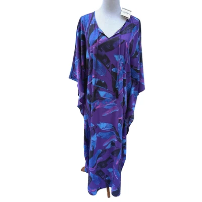 Vestido Bob Mackie Usable Art MuMu Kaftan XL Púrpura Estampado Pluma Resort QVC NUEVO Foto 1 de 4
