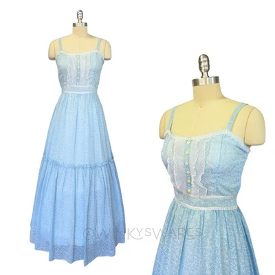 Maxi Vestido Gunne Sax Azul Floral Talla 11 Pradera Calico Vintage Años 70 Chaqueta  Foto 1 de 4