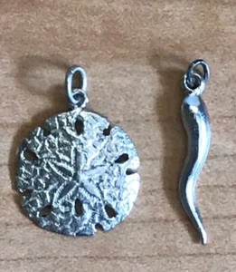 2 VINTAGE SILVER TONED FIGURAL CHARMS FOR BRACELET, SAND DOLLAR, CORNICELLO HORN - Picture 1 of 2