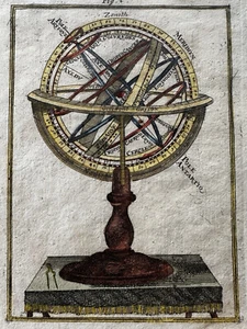 Armillarkugel 1719 Planetarisch Himmlisch Antik Handkoloriert Miniaturdruck - Bild 1 von 2