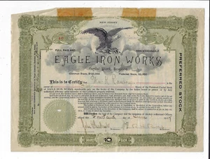 NEW JERSEY 1907 Eagle Iron Works Stock Certificate #40 - Picture 1 of 2