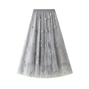 Damen Midi Netz Rock bestickt Libelle Plissee A-Linie Tutu Rock Sommer - Bild 1 von 17
